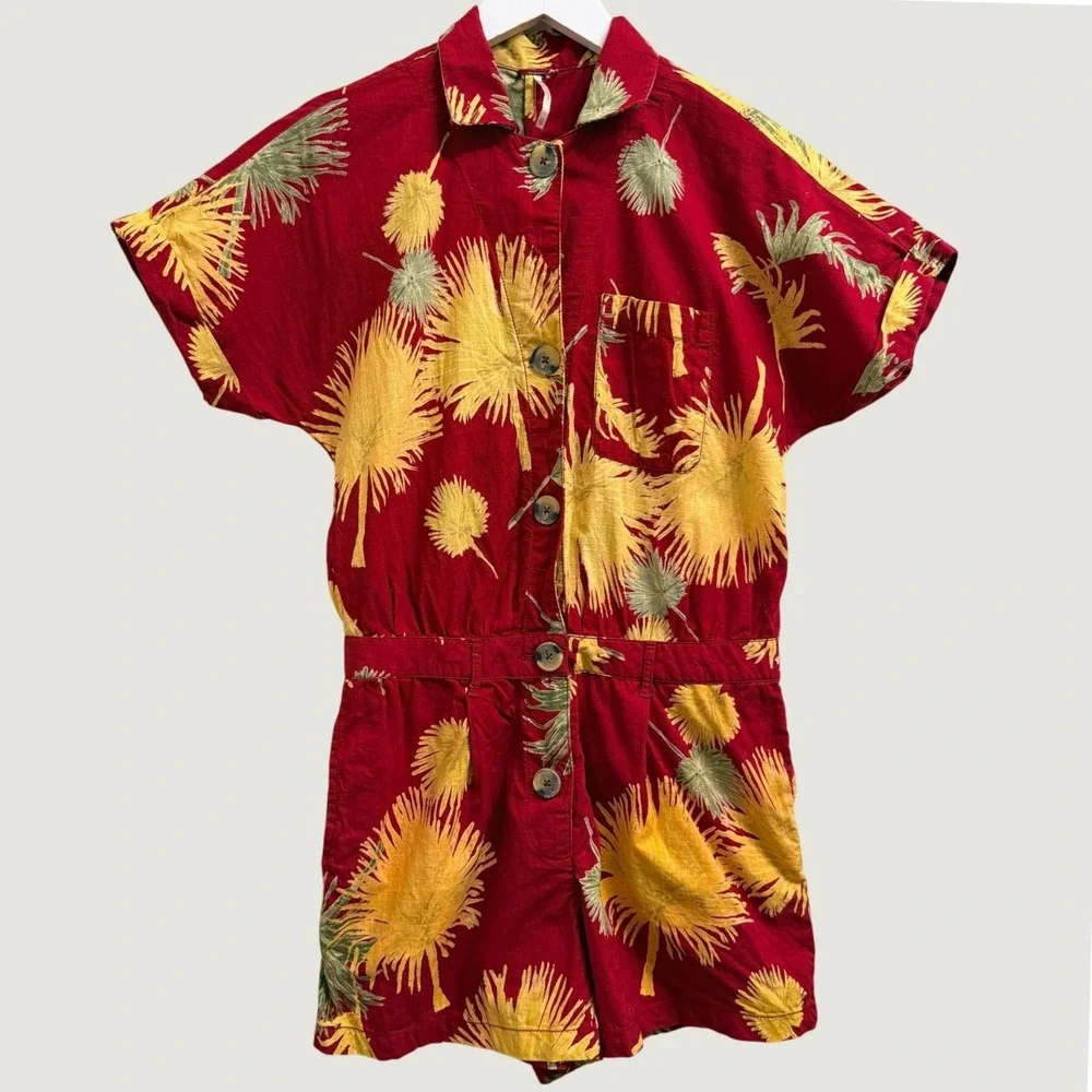 Free People Malibu Romper Red Tropical Palm Print Short Sleeve Women's XS